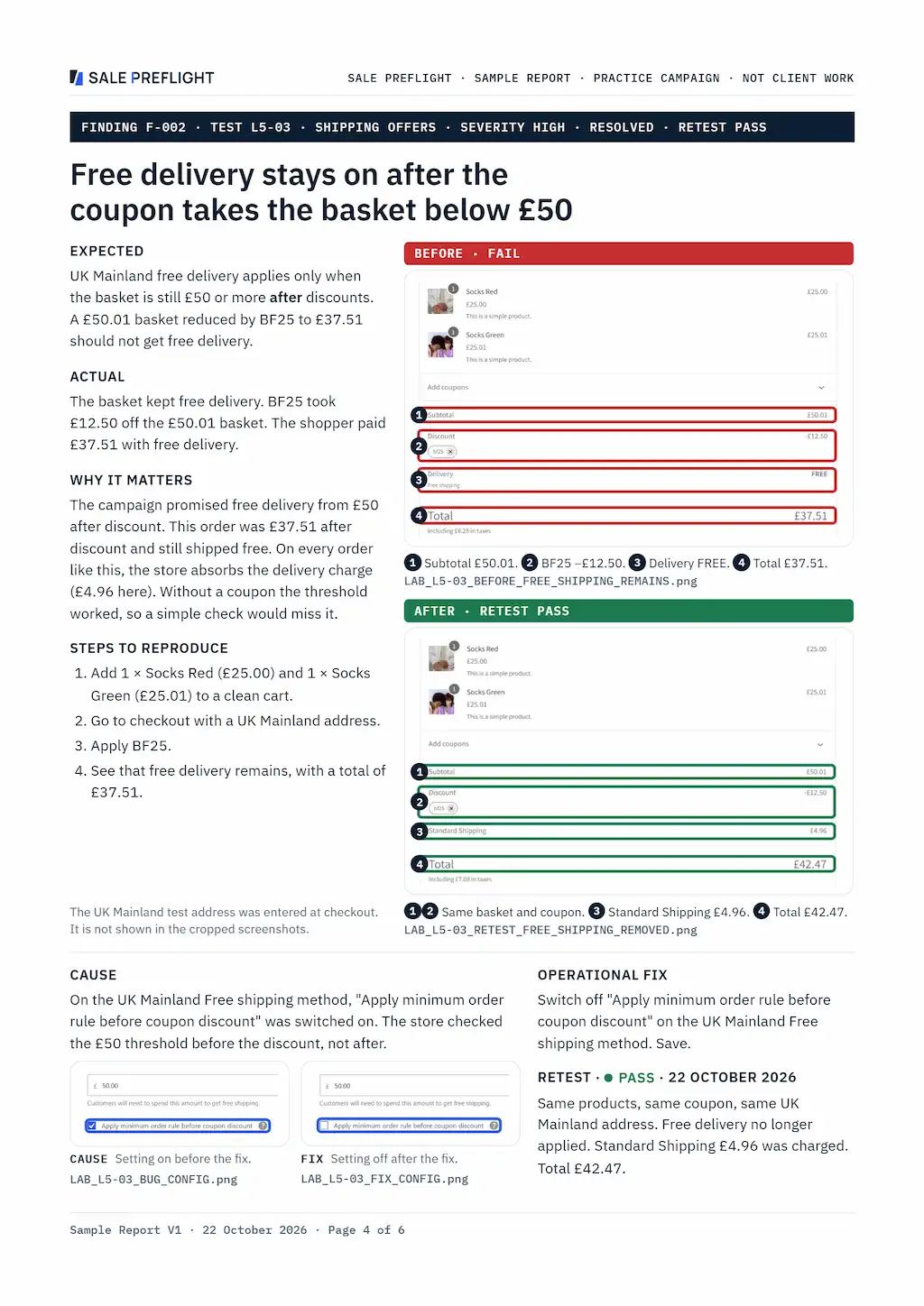 Sample report page showing F-002 shipping threshold failure, fix and passing retest